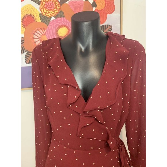 LA VIE BOHEME Burgundy Polka Dot Long Sleeve Frill Wrap Dress Sz 6 - Picture 3 of 9